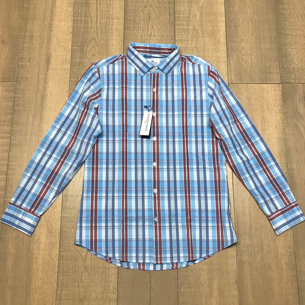 Mizzen + Main Shirt Mens M Blue Plaid Button Up Performance Trim Fit Long Sleeve
